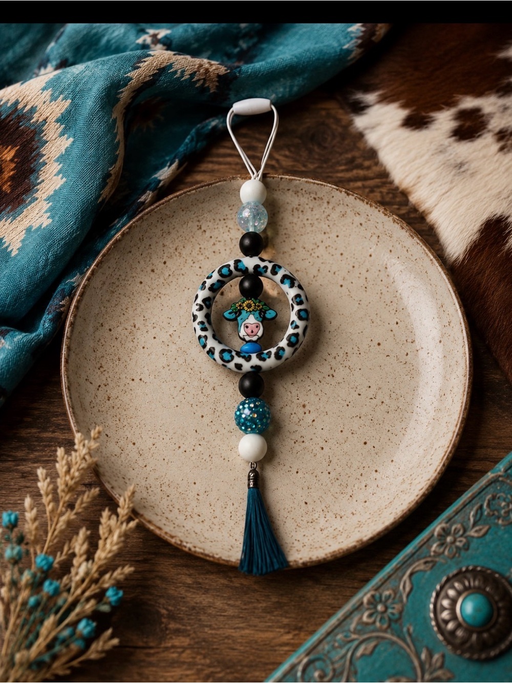 Hand Crafted Teal and Black Leopard Ring Tassel Hanging Car Charm